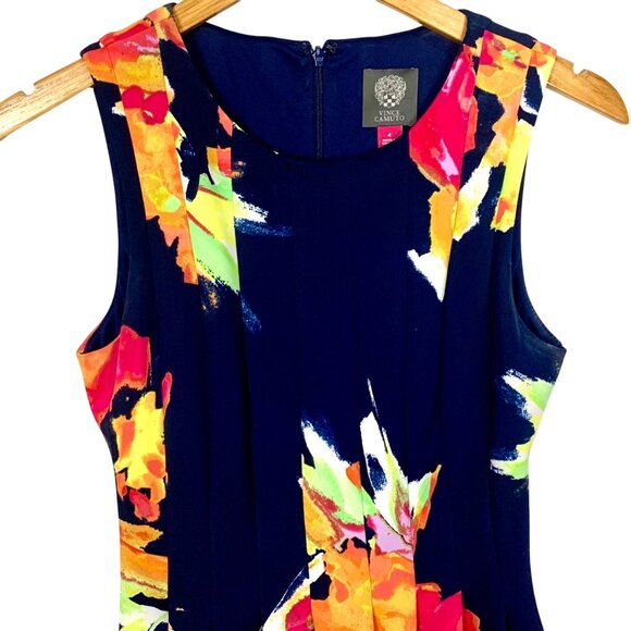 Vince Camuto Navy Floral Garden Party Sleeveless Fit & Flare Dress Back Zip - Picture 2 of 10